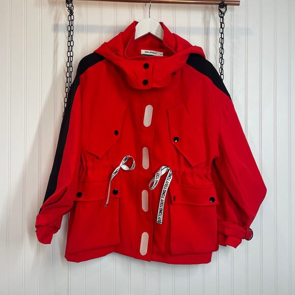 SIBYL of No.17 Women’s Red Hooded Drawstring Waist Full Zip Jacket Size S - Picture 1 of 6